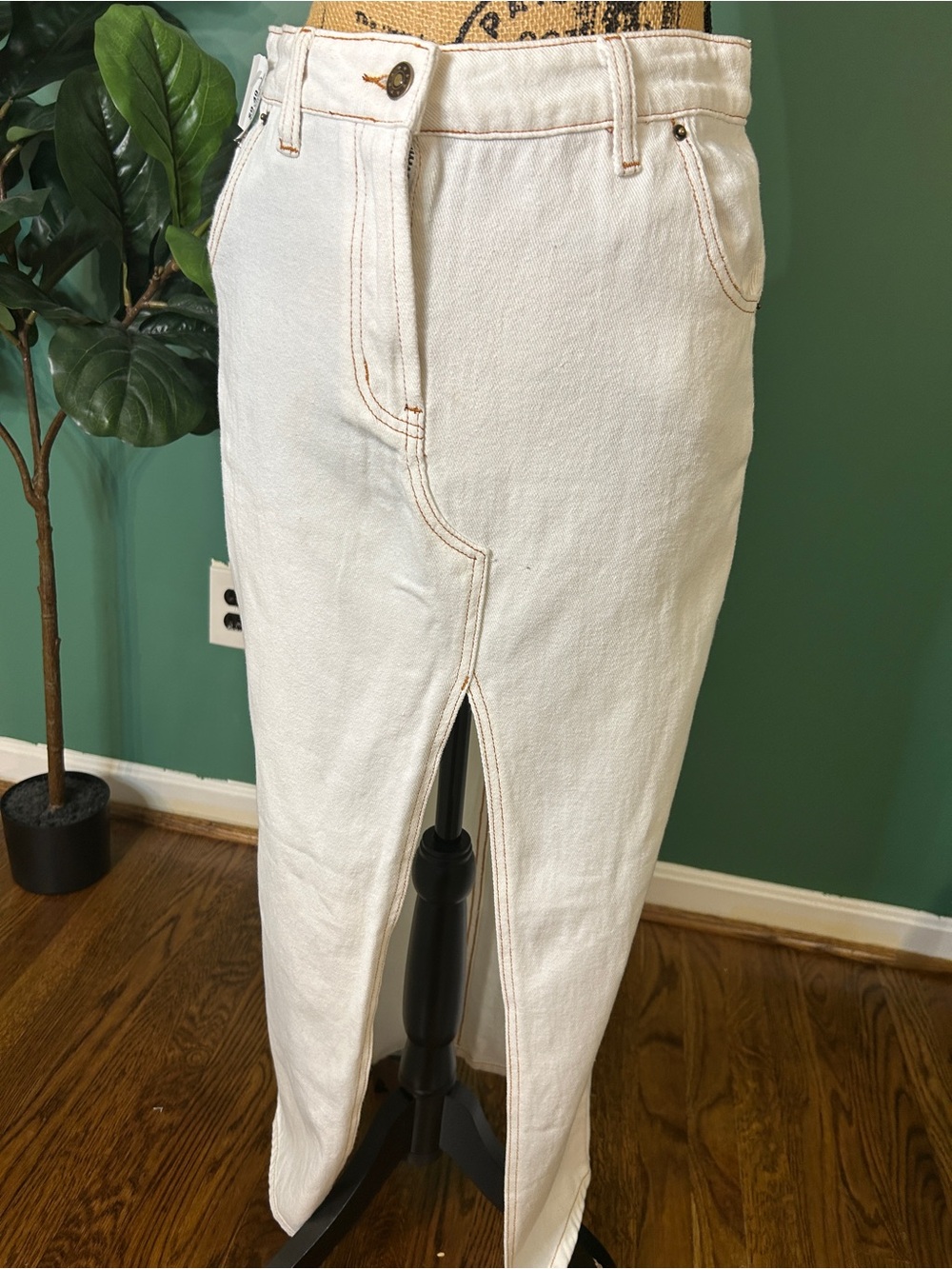 Lioness White Denim Front-Slit Midi Skirt